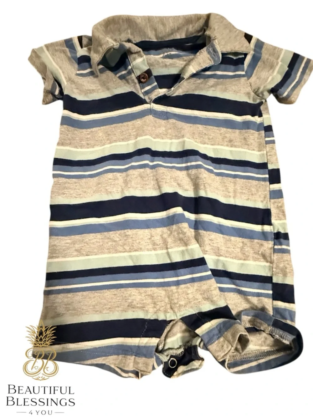 100% Cotton Baby Boy Short-Sleeve Romper Trio in Light Blue, Sage & Navy Stripe